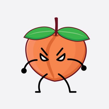 İzole Arkaplanda Şeftali Meyvesi Karakterinin Vektör İllüstrasyonu şirin bir yüz, basit eller ve bacak çizgisi sanatı. Düz çizgi film karalama tarzı.