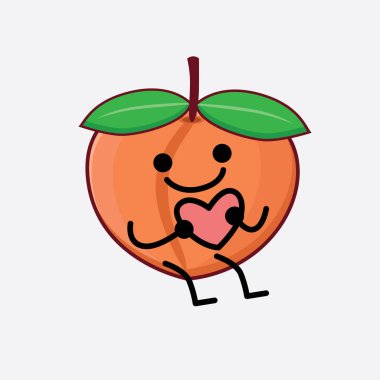 İzole Arkaplanda Şeftali Meyvesi Karakterinin Vektör İllüstrasyonu şirin bir yüz, basit eller ve bacak çizgisi sanatı. Düz çizgi film karalama tarzı.