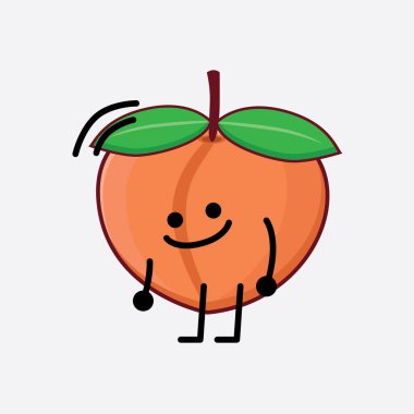 İzole Arkaplanda Şeftali Meyvesi Karakterinin Vektör İllüstrasyonu şirin bir yüz, basit eller ve bacak çizgisi sanatı. Düz çizgi film karalama tarzı.