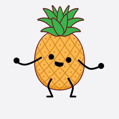 Pineapple Fruit Karakteri 'nin güzel yüzlü, basit elli ve bacak çizgili tasviri izole edilmiş arka planda. Düz çizgi film karalama tarzı.