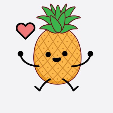 Pineapple Fruit Karakteri 'nin güzel yüzlü, basit elli ve bacak çizgili tasviri izole edilmiş arka planda. Düz çizgi film karalama tarzı.