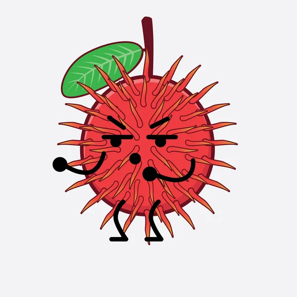 Illustrazione Vettoriale Del Personaggio Frutta Rambutan Con Viso Carino Mani — Vettoriale Stock