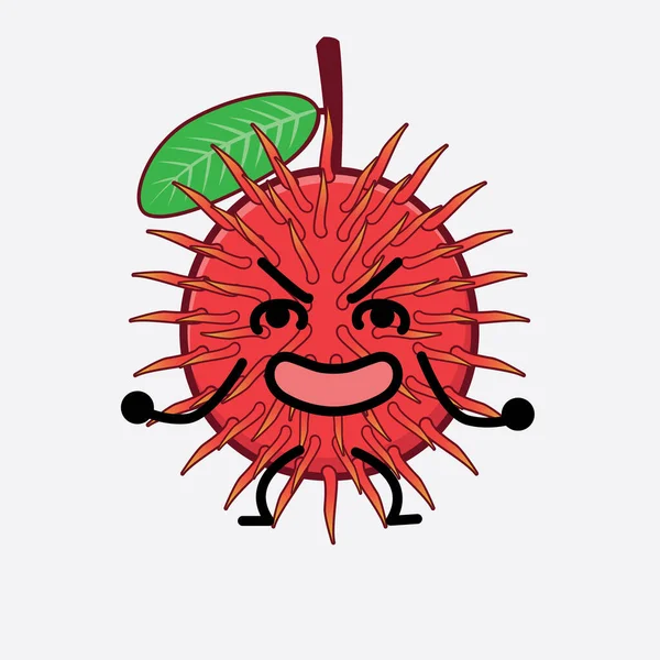 Illustrazione Vettoriale Del Personaggio Frutta Rambutan Con Viso Carino Mani — Vettoriale Stock