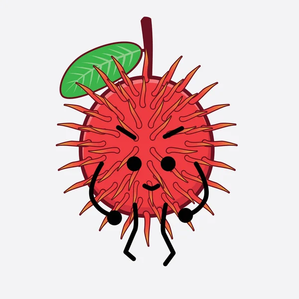 Ilustración Vectorial Rambutan Fruit Carácter Con Cara Linda Manos Simples — Vector de stock