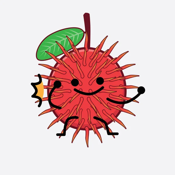 Illustration Vectorielle Caractère Rambutan Fruit Avec Visage Mignon Les Mains — Image vectorielle