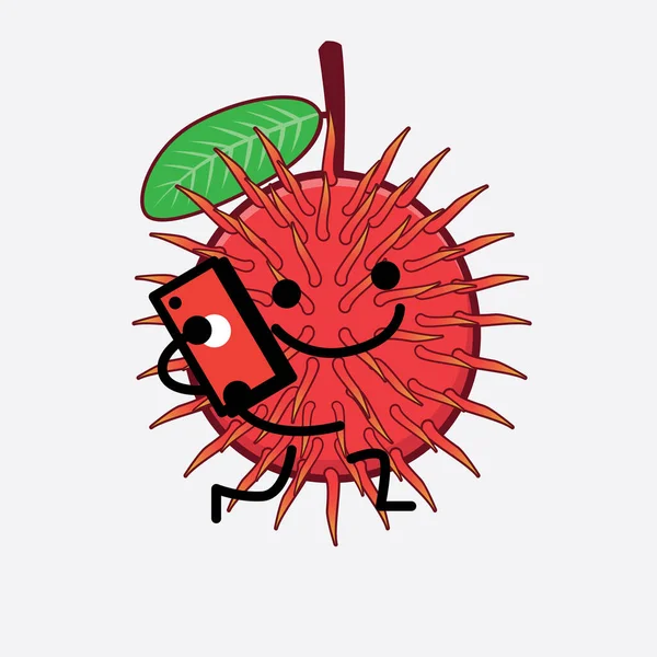 Ilustración Vectorial Rambutan Fruit Carácter Con Cara Linda Manos Simples — Vector de stock