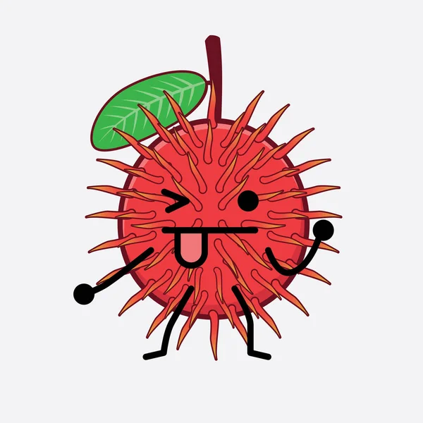 Illustrazione Vettoriale Del Personaggio Frutta Rambutan Con Viso Carino Mani — Vettoriale Stock