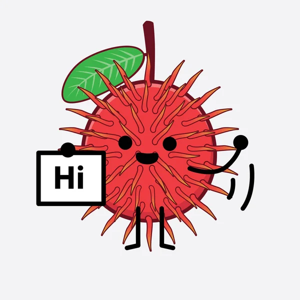 Ilustración Vectorial Rambutan Fruit Carácter Con Cara Linda Manos Simples — Vector de stock