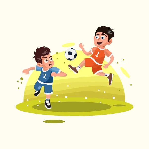 Två Barn Som Spelar Fotboll Planen Illustration Vektor — Stock vektor