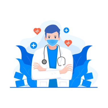 Dünya Doktor Günü tebrik kartı. Maske ve steteskop vektörü takan bir doktorun modern düz çizimi