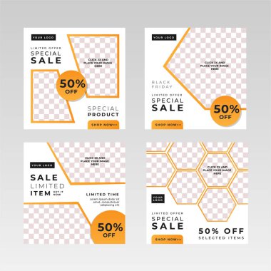 Kare Sosyal Medya Posta Sancakları, resim tutucu, damgalama ve tanıtım şablonları. Sosyal medya paylaşımları, internet veya internet reklamları için uygun. Fotoğraf kolajlı vektör illüstrasyonu.