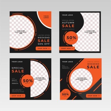 Kare Sosyal Medya Posta Sancakları, resim tutucu, damgalama ve tanıtım şablonları. Sosyal medya paylaşımları, internet veya internet reklamları için uygun. Fotoğraf kolajlı vektör illüstrasyonu.