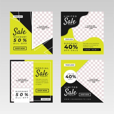 Kare Sosyal Medya Posta Sancakları, resim tutucu, damgalama ve tanıtım şablonları. Sosyal medya paylaşımları, internet veya internet reklamları için uygun. Fotoğraf kolajlı vektör illüstrasyonu.