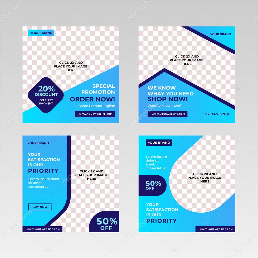 Set of Square Social Media Post Banner templates with image placeholder, Branding and Promotion. Suitable for social media posts and web or internet ads. Vector illustration with photo collage.