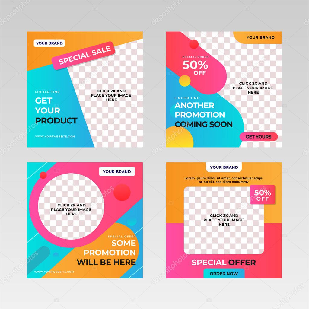 Set of Square Social Media Post Banner templates with image placeholder, Branding and Promotion. Suitable for social media posts and web or internet ads. Vector illustration with photo collage.