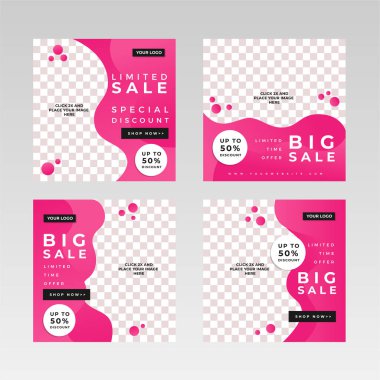 Kare Sosyal Medya Posta Sancakları, resim tutucu, damgalama ve tanıtım şablonları. Sosyal medya paylaşımları, internet veya internet reklamları için uygun. Fotoğraf kolajlı vektör illüstrasyonu.