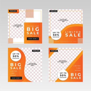 Kare Sosyal Medya Posta Sancakları, resim tutucu, damgalama ve tanıtım şablonları. Sosyal medya paylaşımları, internet veya internet reklamları için uygun. Fotoğraf kolajlı vektör illüstrasyonu.