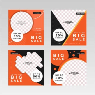 Kare Sosyal Medya Posta Sancakları, resim tutucu, damgalama ve tanıtım şablonları. Sosyal medya paylaşımları, internet veya internet reklamları için uygun. Fotoğraf kolajlı vektör illüstrasyonu.