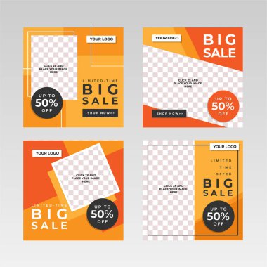 Kare Sosyal Medya Posta Sancakları, resim tutucu, damgalama ve tanıtım şablonları. Sosyal medya paylaşımları, internet veya internet reklamları için uygun. Fotoğraf kolajlı vektör illüstrasyonu.