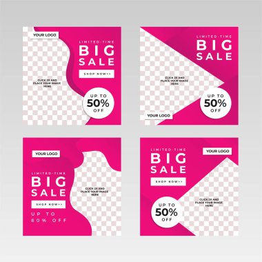 Kare Sosyal Medya Posta Sancakları, resim tutucu, damgalama ve tanıtım şablonları. Sosyal medya paylaşımları, internet veya internet reklamları için uygun. Fotoğraf kolajlı vektör illüstrasyonu.