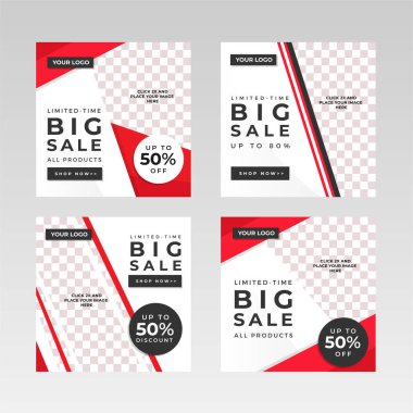 Kare Sosyal Medya Posta Sancakları, resim tutucu, damgalama ve tanıtım şablonları. Sosyal medya paylaşımları, internet veya internet reklamları için uygun. Fotoğraf kolajlı vektör illüstrasyonu.