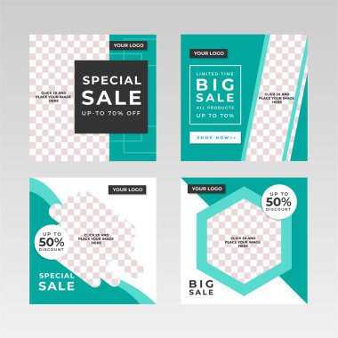 Kare Sosyal Medya Posta Sancakları, resim tutucu, damgalama ve tanıtım şablonları. Sosyal medya paylaşımları, internet veya internet reklamları için uygun. Fotoğraf kolajlı vektör illüstrasyonu.