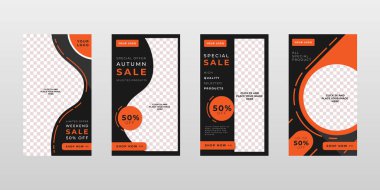 Görüntü sahibi, markalaştırıcı ve tanıtımlı Sosyal Medya Hikayeleri Banner Şablonları. Sosyal medya paylaşımları, internet veya internet reklamları için uygun. Fotoğraf kolajlı vektör illüstrasyonu.