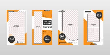 Görüntü sahibi, markalaştırıcı ve tanıtımlı Sosyal Medya Hikayeleri Banner Şablonları. Sosyal medya paylaşımları, internet veya internet reklamları için uygun. Fotoğraf kolajlı vektör illüstrasyonu.