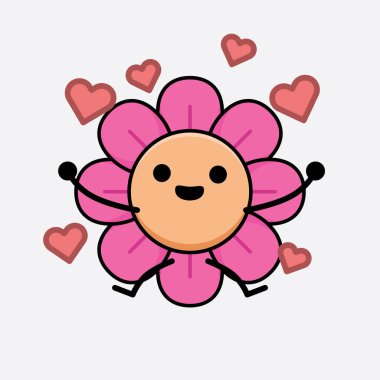 Tatlı yüzlü, basit elli ve bacak çizgisi çizgili Çiçek Karakterinin Vektör İllüstrasyonu. Düz çizgi film karalama tarzı.