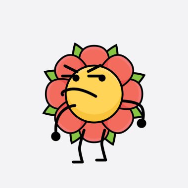 Tatlı yüzlü, basit elli ve bacak çizgisi çizgili Çiçek Karakterinin Vektör İllüstrasyonu. Düz çizgi film karalama tarzı.