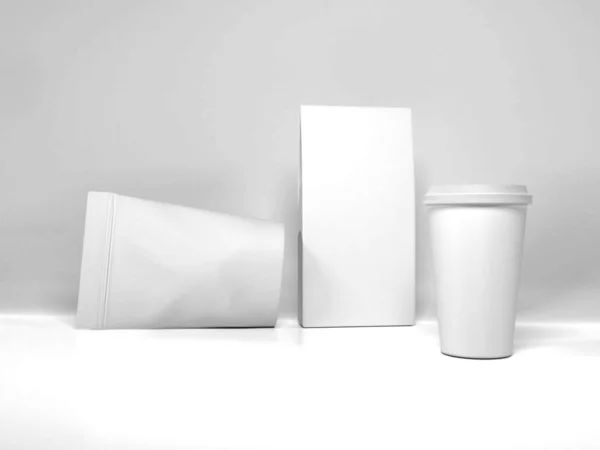 Kaffee Und Lebensmittelverpackungen Illustration Mockup Szene Auf Isoliertem Hintergrund — Stockfoto