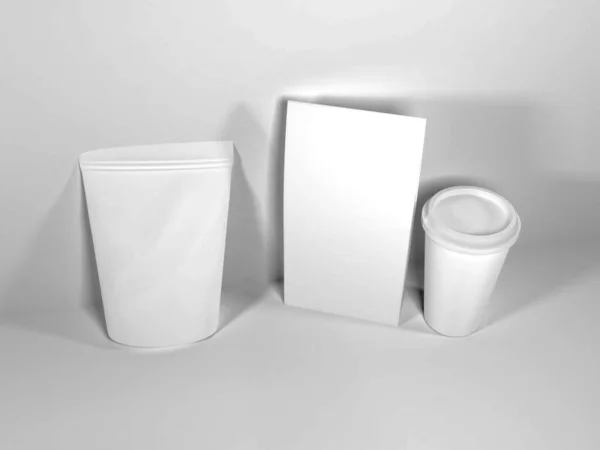 Kaffee Und Lebensmittelverpackungen Illustration Mockup Szene Auf Isoliertem Hintergrund — Stockfoto