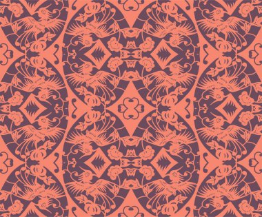 Seamless Oriental Vector Pattern. Traditional floral pattern for fabric, wallpapers and backgrounds. Ornamental creatures, plants and animals.