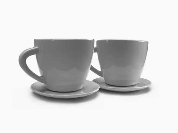 茶杯和咖啡杯在盘式3D图片说明中的分离背景下的模拟场景 — 图库照片