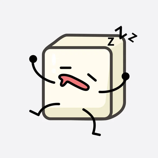 Vector Illustration Tofu Character Cute Face Simple Body Line Drawing - Stok Vektor