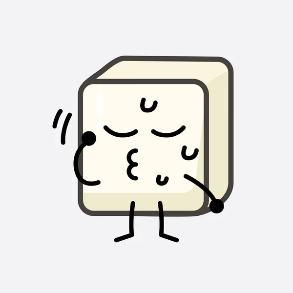 Vector Illustration Tofu Character Cute Face Simple Body Line Drawing - Stok Vektor