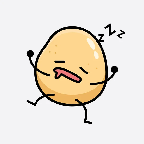 Vector Illustration Potato Character Cute Face Simple Body Line Drawing - Stok Vektor