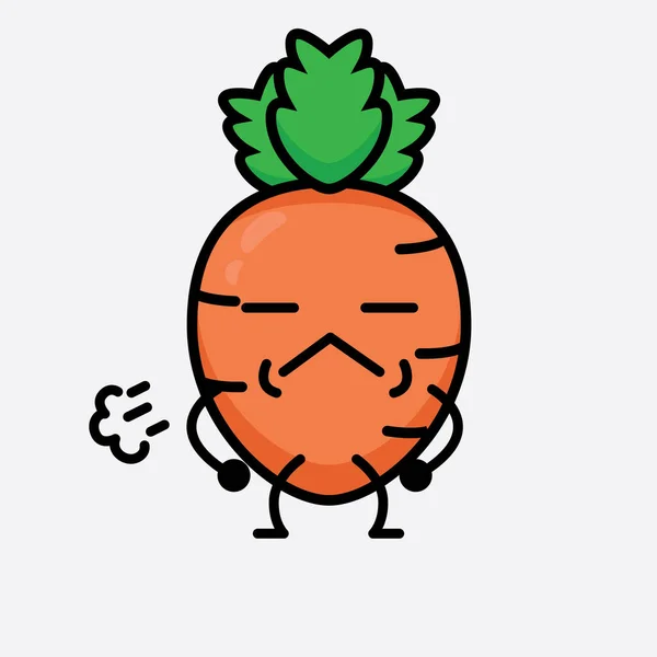 Vector Illustration Carrot Character Cute Face Simple Body Line Drawing — Stock Vector