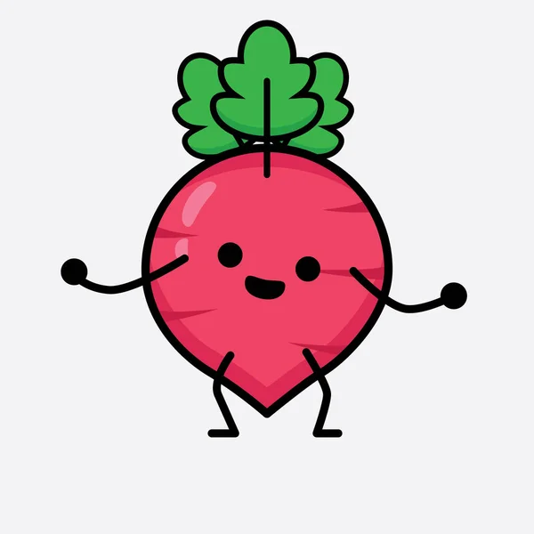 Vector Illustration Red Radish Character Cute Face Simple Body Line - Stok Vektor