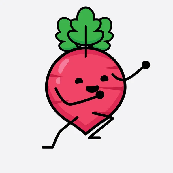 Vector Illustration Red Radish Character Cute Face Simple Body Line - Stok Vektor