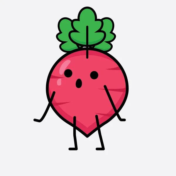 Vector Illustration Red Radish Character Cute Face Simple Body Line - Stok Vektor