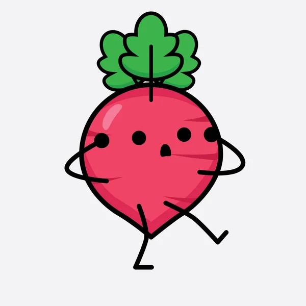 Vector Illustration Red Radish Character Cute Face Simple Body Line - Stok Vektor