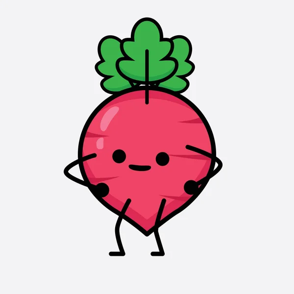 Vector Illustration Red Radish Character Cute Face Simple Body Line - Stok Vektor