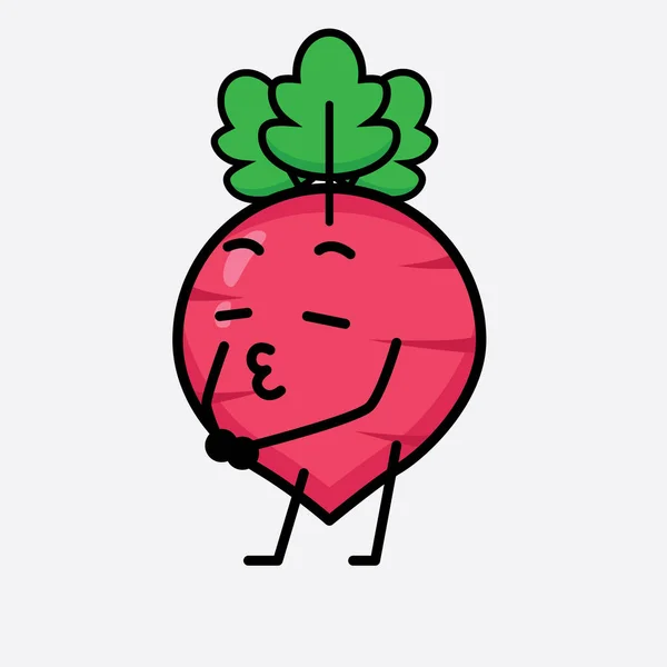 Vector Illustration Red Radish Character Cute Face Simple Body Line - Stok Vektor