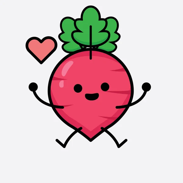 Vector Illustration Red Radish Character Cute Face Simple Body Line — Stock Vector