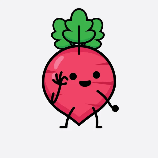 Vector Illustration Red Radish Character Cute Face Simple Body Line - Stok Vektor