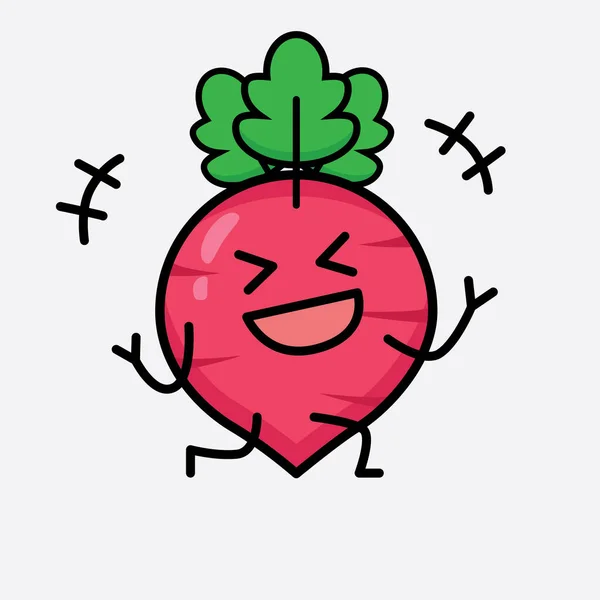 Vector Illustration Red Radish Character Cute Face Simple Body Line — Stock Vector