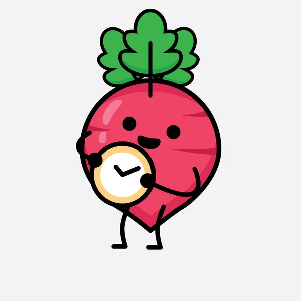 Vector Illustration Red Radish Character Cute Face Simple Body Line - Stok Vektor