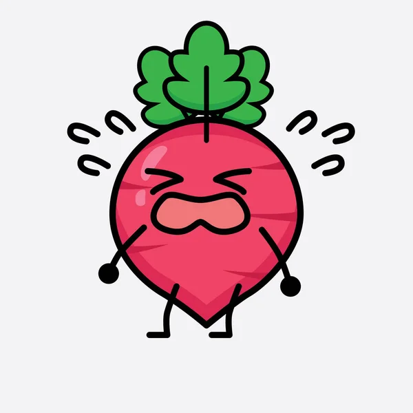 Vector Illustration Red Radish Character Cute Face Simple Body Line — Stock Vector