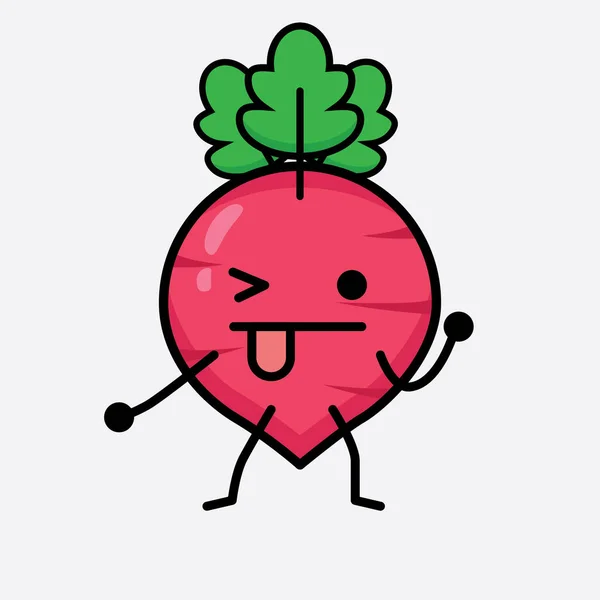 Vector Illustration Red Radish Character Cute Face Simple Body Line - Stok Vektor